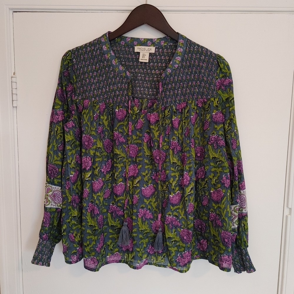 Rachel Zoe Green Floral Boho Blouse with Purple Flowers